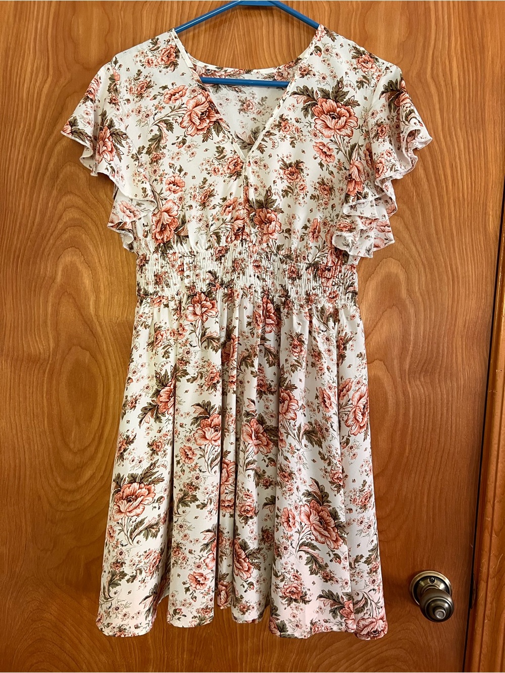 Floral Pink and Cream Ruffle-Sleeve Dress